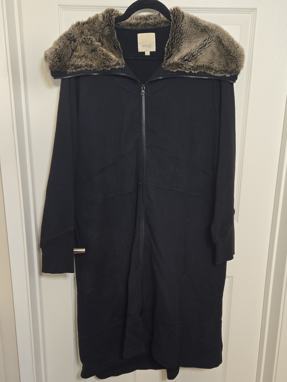 Sejour Black Long Zip Jacket with Brown Faux-Fur Hood